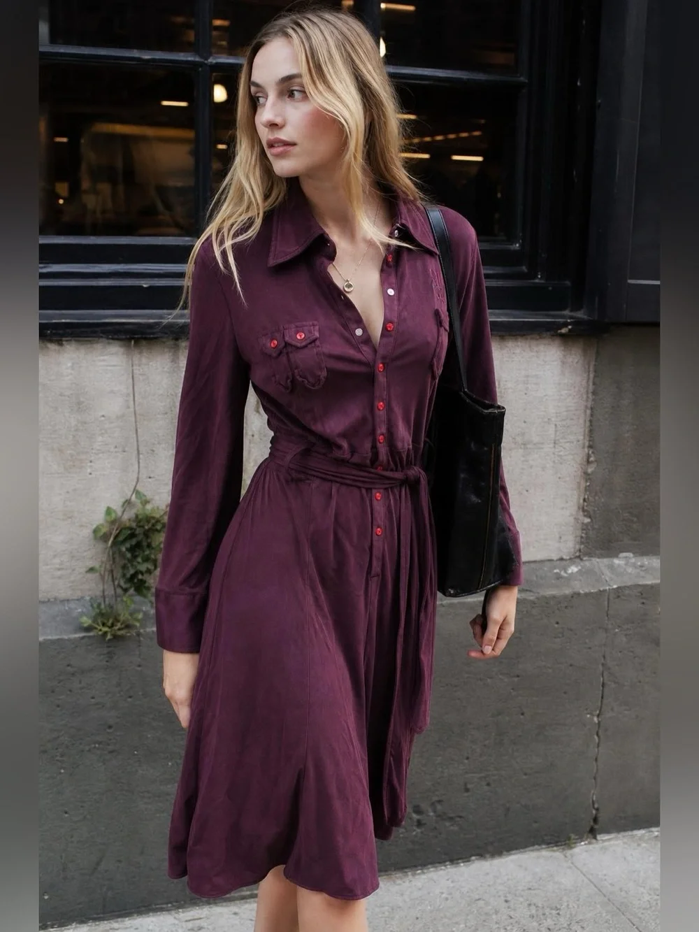 Diesel Shirt Dress Burgundy Rayon Viscose Utility Midi Dress Size M